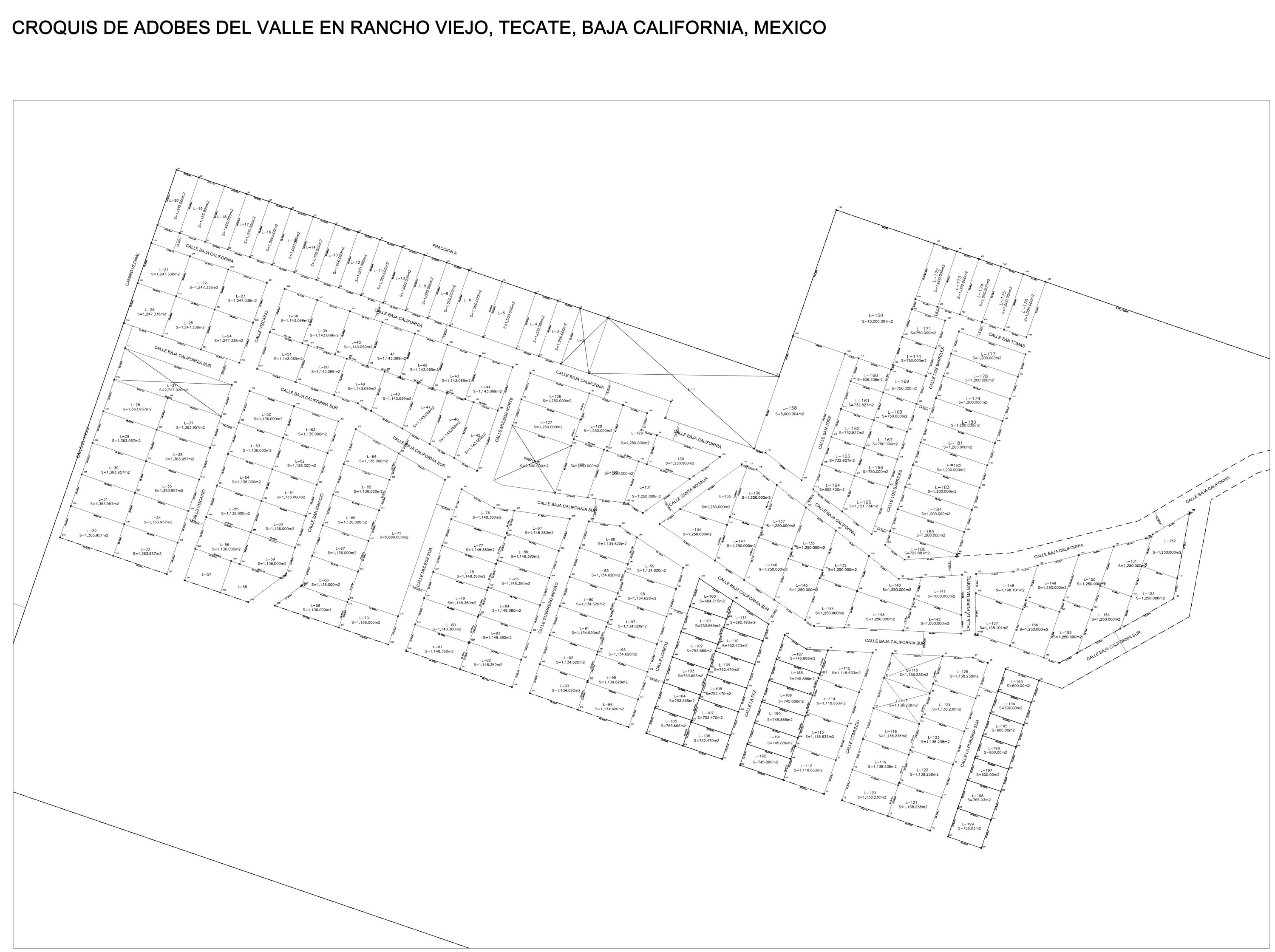 Croquis de lotificación de Adobes del Valle en Rancho Viejo, con manzanas, lotes numerados y calles
